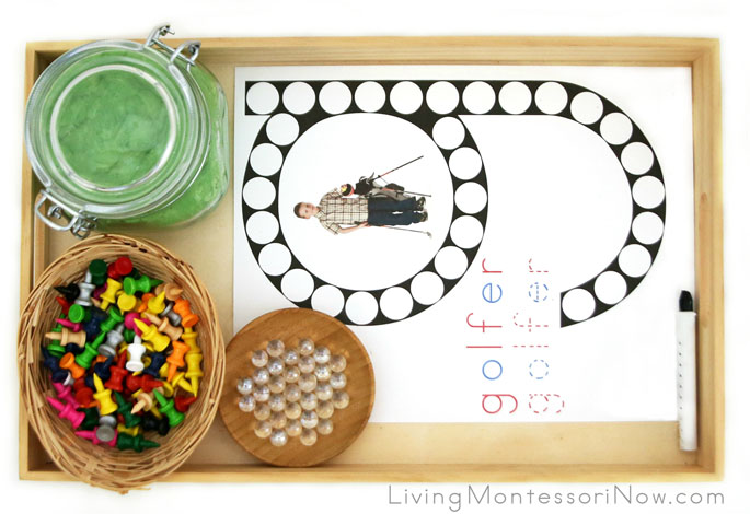 Golfer Do-a-Dot Letter G Tray with Playdough, Golf Tees, and Marbles