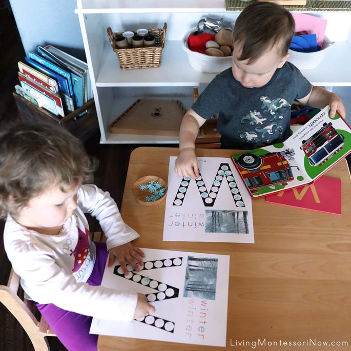 Toddler Cousins Working with W for Winter Do-a-Dot Printables