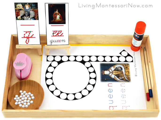 Tray with Q for Queen Do-a-Dot Printable and Crown Punch with Gems