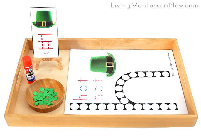 Tray with St. Patrick's Day Hat Do-a-Dot Printable and Shamrock Gluing Activity