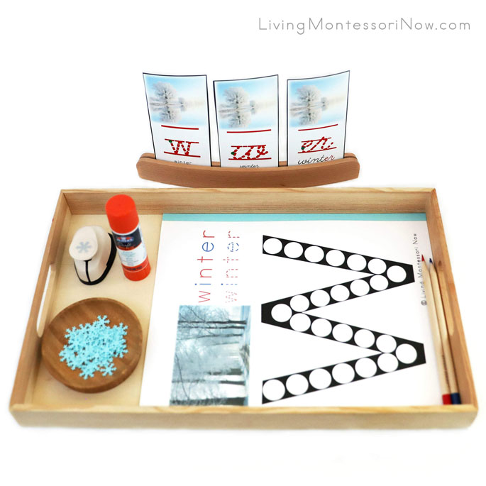Tray with W for Winter Do-a-Dot Printable, and Snowflake Punch along with Winter Font Cards