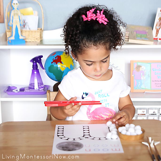 Using Quick Sticks to Transfer Pom Poms to "M is for Moon" Do-a-Dot Printable